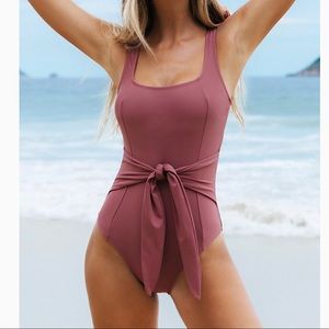 NEW Solid Wine Sash Square Neck One Piece Swimsuit Size XL